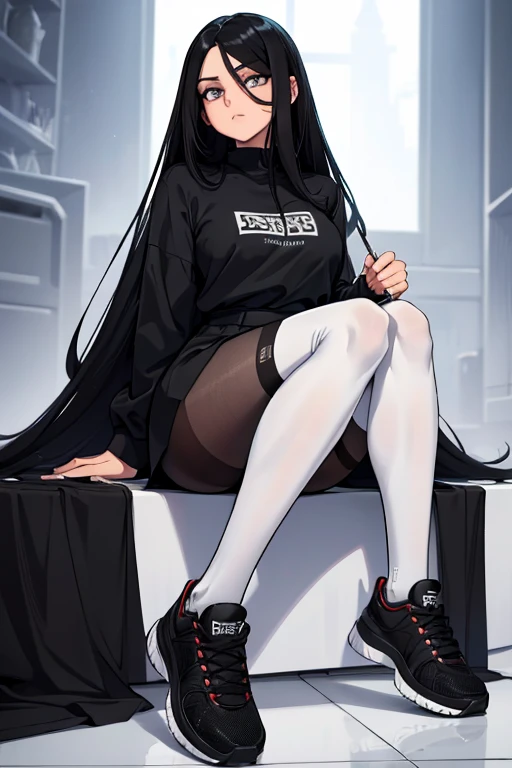 Age 22, White skin girl, almost speaks, Bblack hair, extremely long hair, Cramped, black pantyhose, black sneakers, Bblack hair, hair between the eyes, White hair, cloused mouth, range, cabelo bagunçado saia formal Bblack hair grande extremely long hair olhos cinzas