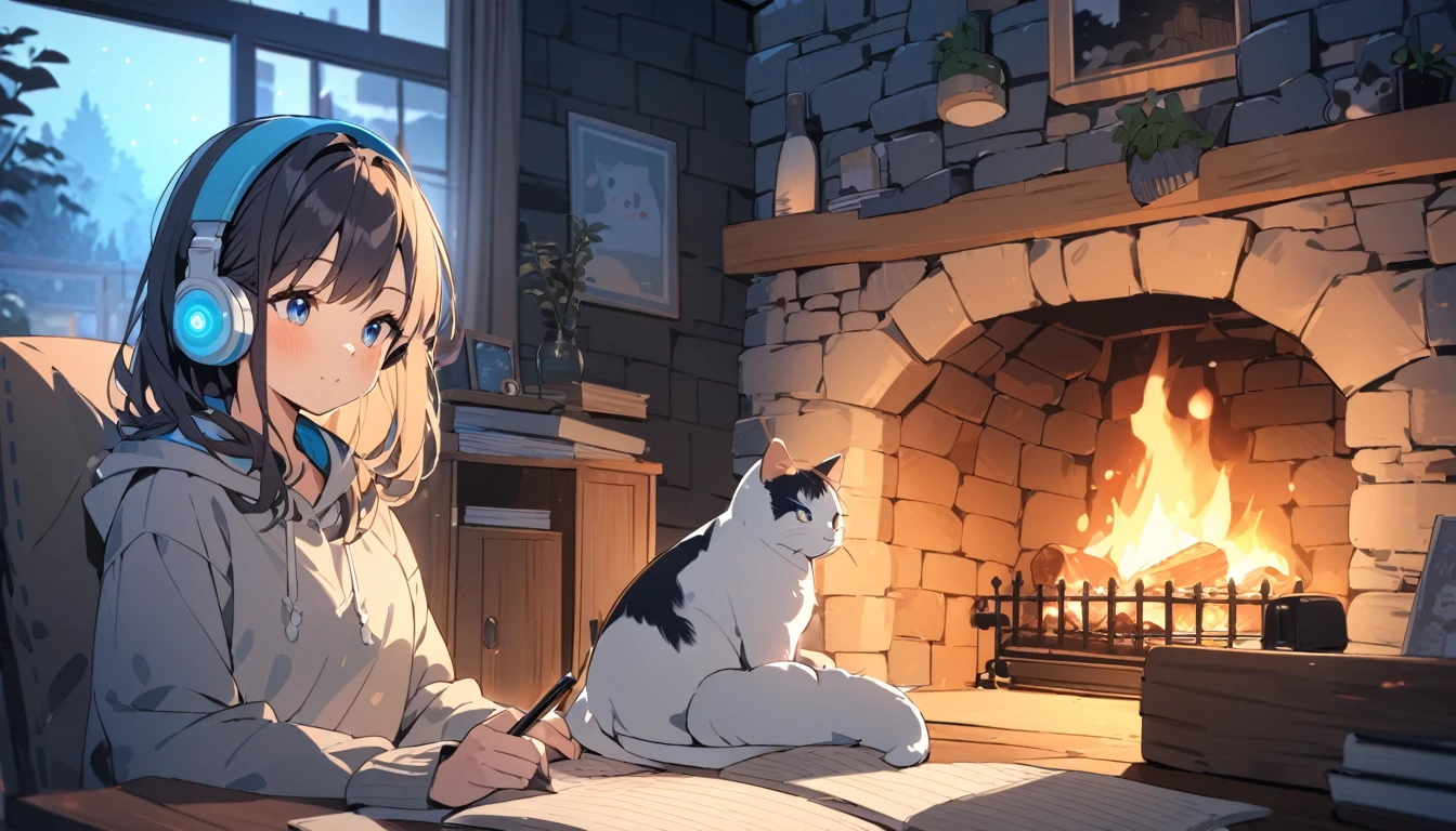 beautiful girl studying, in the cozy place, stone and wood, fireplace, listening music using headphone, with a cute cat, colourfull, 4k, blue ambience, night, fireplace is just one, fireplace is only one