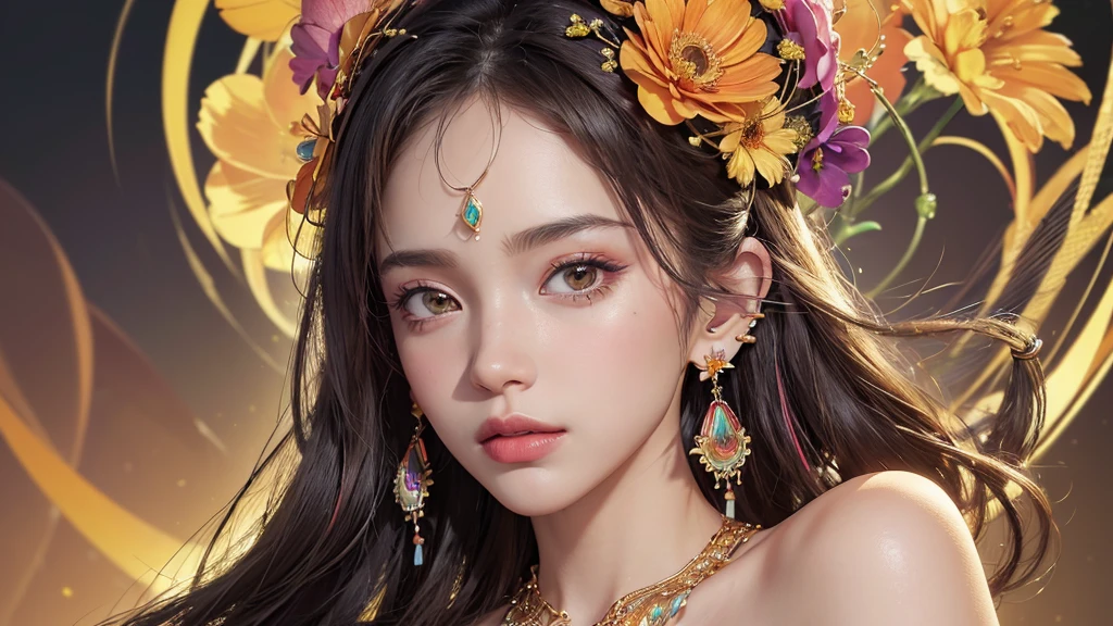 32K, 最高quality, 最高masterpiece, (ultra-Detailed Background, Detailed Background), High resolution, Super detailed, Very detailedな, One girl, (bouquet:1.3), (Tangled:1.2), (Geometric:1.2),(colorful),(masterpiece, quality, best quality, Official Art, Beautiful and beautiful:1.2), (1 girl:1.3), Very detailed,(colorful:1.1)(Flowers:1.3),Most detailed,(Tangled:1.2), whole body, (Abstract background:1.3), (Skin glows), (Many colors:1.4), ,(Earrings Jewelry:1.5), Pale Orange Background,