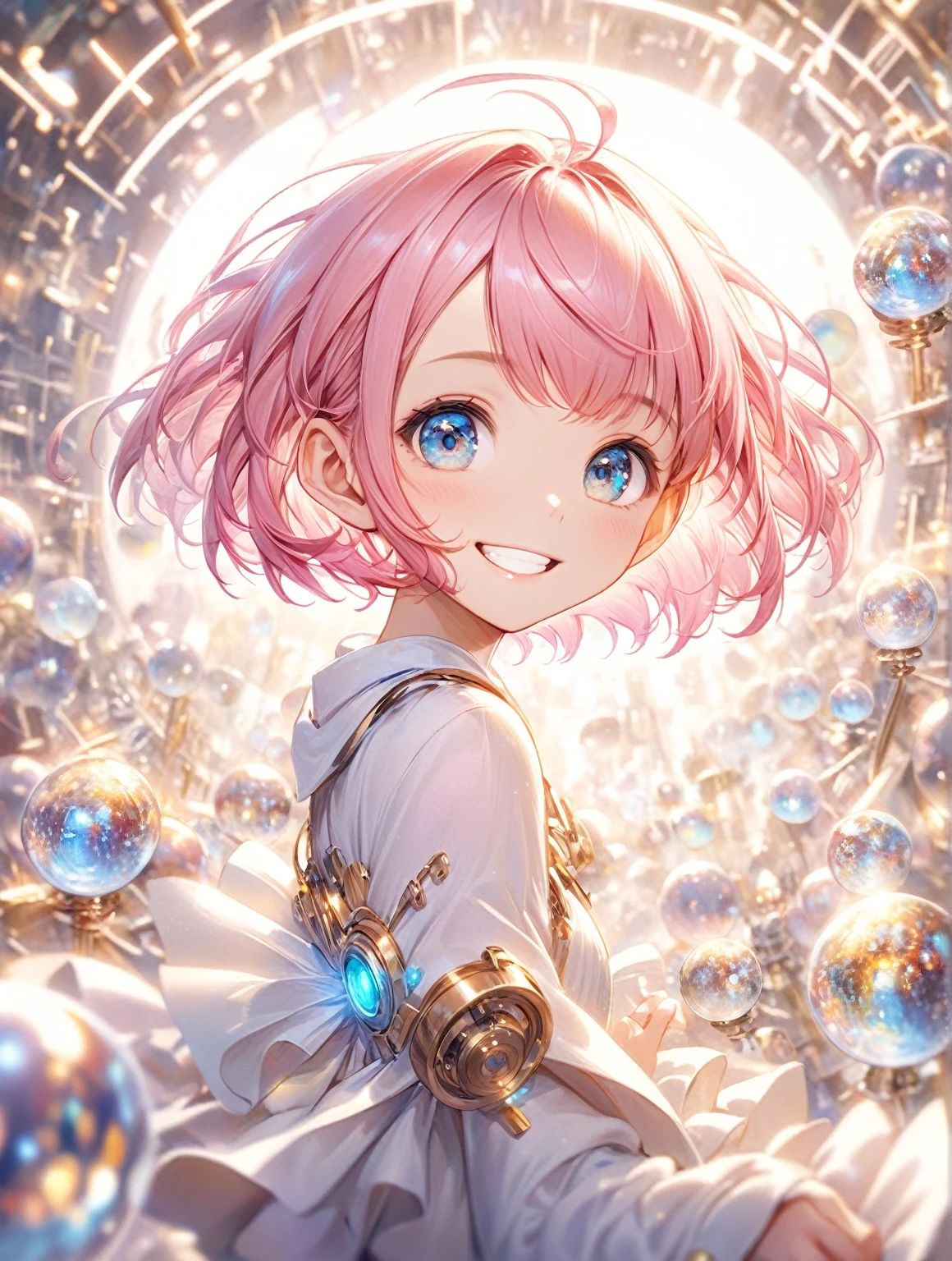 (Highest quality,8k,32K,masterpiece,Ultra-high resolution :1.2 ),born,One girl,Super cute,Natural light,Clear, shining eyes,20-year-old,Fair skin,An innocent smile,Electronic world fantasy background,Grin,Pink Hair,short hair