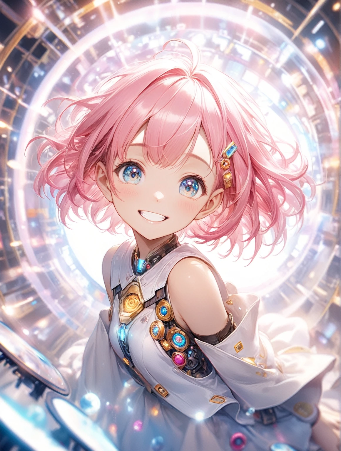 (Highest quality,8k,32K,masterpiece,Ultra-high resolution :1.2 ),born,One girl,Super cute,Natural light,Clear, shining eyes,20-year-old,Fair skin,An innocent smile,Electronic world fantasy background,Grin,Pink Hair，short hair