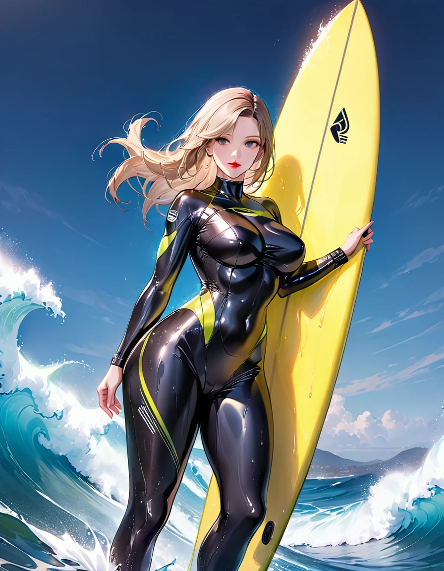 Mature beautiful woman,(Highest quality,Extremely detailed depiction,Incredibly absurd high resolution,Anatomically accurate depiction,Curvy Legs),(Glowing Skin,Shiny skin,Oilskin,Wet body),Surfer surfing,wetsuit,latex,surfboard,Large Breasts,Glossy lipstick,Sweat,background:Ocean,