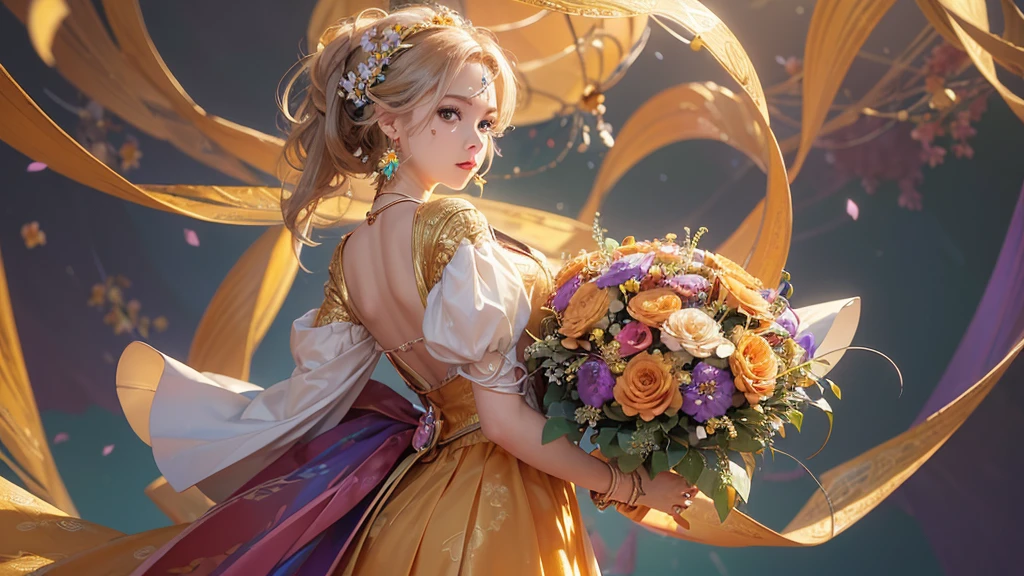 32K, 最高quality, 最高masterpiece, (ultra-Detailed Background, Detailed Background), High resolution, Super detailed, Very detailedな, One girl, (bouquet:1.3), (Tangled:1.2), (Geometric:1.2),(colorful),(masterpiece, quality, best quality, Official Art, Beautiful and beautiful:1.2), (1 girl:1.3), Very detailed,(colorful:1.1)(Flowers:1.3),Most detailed,(Tangled:1.2), whole body, (Abstract background:1.3), (Skin glows), (Many colors:1.4), ,(Earrings Jewelry:1.5), Pale Orange Background,