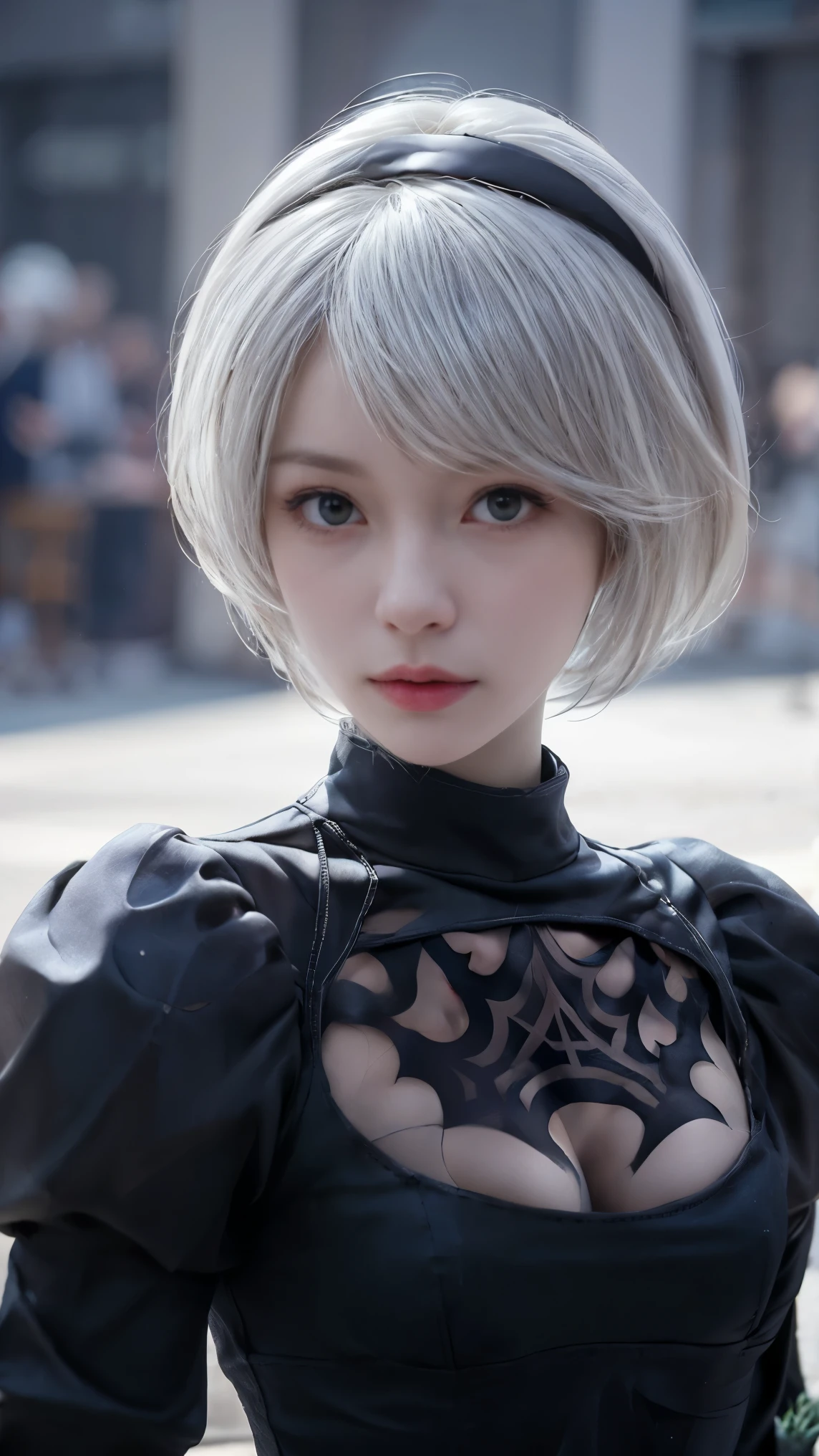 nier:Automata 2B cute cosplay、2B Female Cosplay、Fair skin、Tall、Stylish、Small face、Strong eyes、beautiful、beautiful、23 years old、British women、Half British、NieR 2B Automata Black Outfit、By Clare、Beautiful pose Desbouts Hautes Malès de France Blanche、Old Money Angled、masterpiece、Premium Quality、Premium Resolution、Fantasy、Refreshing feeling、Anime Cosplay Makeup、Authentic cosplay photograph、Cool Review。photograph、Portrait、Upper Body、Pale pose、Surrounded by pale white light、happiness、soft、Fluid Rendering