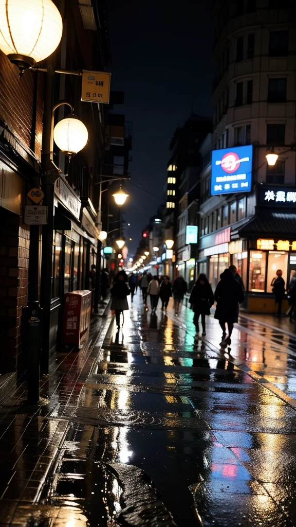 scene 1：Rainy night description：
The corners of the city are shrouded in heavy crap，The streets are sparsely crowded，The light casts a blurry shadow on the wet ground。

Key words：
City，night，Rain，crap，Few pedestrians，blurred lights