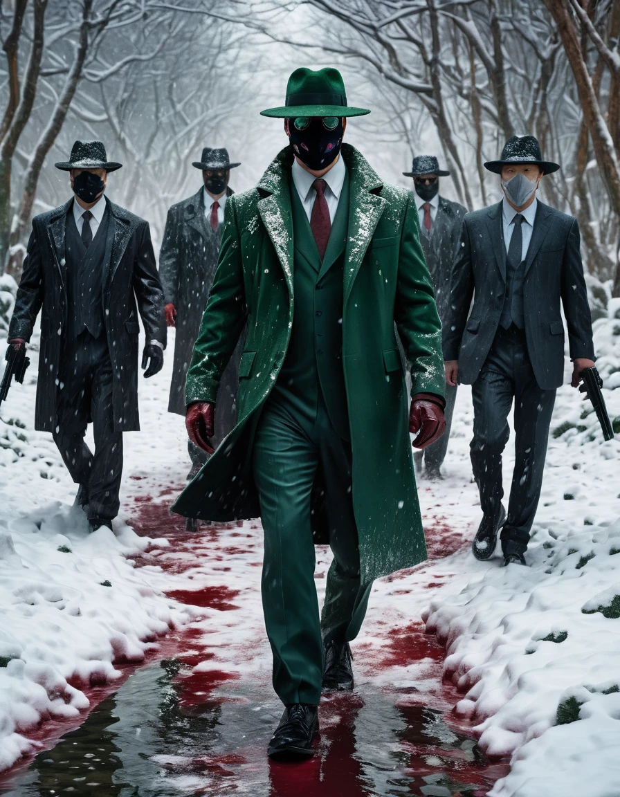 a photorealistic rorschach character in jungle, 6 feet tall, with half face covered with grey mask, black eyes, black hair, a injury cut on his face , wearing a dark green suit, full shot, walking in snow in between two gangs chinese gang figting with guns blazing, blood scattering all around, the snow ground which  is covered in pool of blood, background covered with trees, night lighting, dramatic lighting