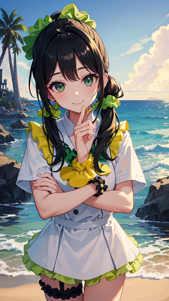 ((Highest quality)),((masterpiece)),A  with a ponytail in a uniform smiling at the viewer,((Light green scrunchie)),Black Hair,black eye,Evening sea,Sandy Beach