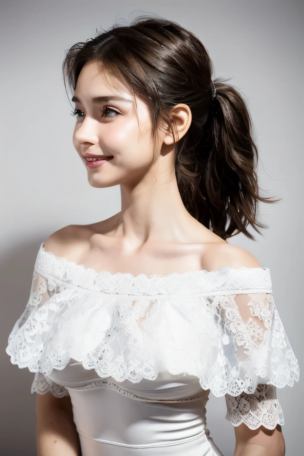 ((Highest quality, 8k, masterpiece: 1.3)), sharp: 1.2, Perfect Body Beauty: 1.6, ((Layered Hairstyles, Big Breasts: 2.0)), (white and long legs: 2.0), (white lace dress: 2.0, Off-the-shoulder dress: 2.0, A dress that exposes the breasts: 2.0), ((long hair: 2.0)), ((necklace)), Earrings, ring, Bracelet, Hair Accessories, ((Beautiful young teenager woman)), ((Straight nose)), (Eyeliner), Armpit Hair, Bristles, ((White and beautiful skin)), Wavy Hair, Beautiful attention to detail, Super detailed, Highly detailed face and skin texture, fine grain, double eyelid, Black Hair, Big Ass, Lower Body, Thighs, (((Skinny))), Wet and shiny lips, smile, Get a grip on your body, ((Anatomically correct human body)), ((Crisp body shape)), Ribs, clavicle, Protruding skeleton, A face without nasolabial folds, Shyness, Thin eyebrows, Big eyes, (shoot from side: 1.0), (Narrow shoulders: 2.0), (Smile: 1.0)