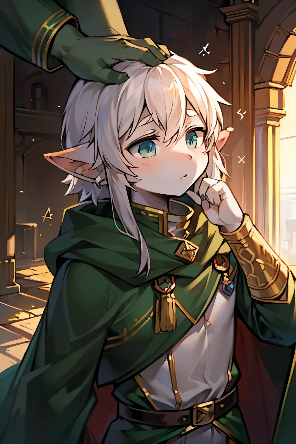 I want an image of an anime elf in an MMORPG environment.
The elf must have a surprised expression and be holding his head with both hands. He must have pointed ears., long white hair, and wear light armor or scout outfit.
Accessories like a cape, a magic diadem, and tattoos or mystical marks on the elf&#39;s skin.