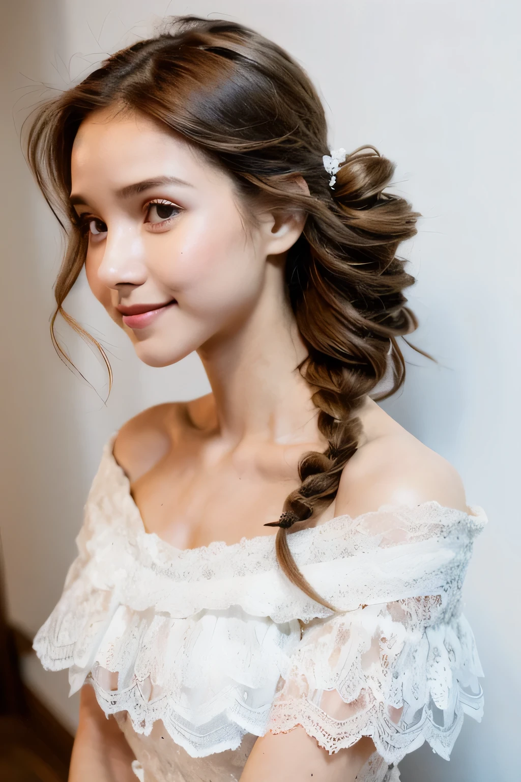 ((Highest quality, 8k, masterpiece: 1.3)), sharp: 1.2, Perfect Body Beauty: 1.6, ((Layered Hairstyles, Big Breasts: 2.0)), (white and long legs: 2.0), (white lace dress: 2.0, Off-the-shoulder dress: 2.0, A dress that exposes the breasts: 2.0), ((long hair: 2.0)), ((necklace)), Earrings, ring, Bracelet, Hair Accessories, ((Beautiful young teenager woman)), ((Straight nose)), (Eyeliner), Armpit Hair, Bristles, ((White and beautiful skin)), Wavy Hair, Beautiful attention to detail, Super detailed, Highly detailed face and skin texture, fine grain, double eyelid, Black Hair, Big Ass, Lower Body, Thighs, (((Skinny))), Wet and shiny lips, smile, Get a grip on your body, ((Anatomically correct human body)), ((Crisp body shape)), Ribs, clavicle, Protruding skeleton, A face without nasolabial folds, Shyness, Thin eyebrows, Big eyes, (shoot from side: 1.0), (Narrow shoulders: 2.0), (Smile: 1.0)