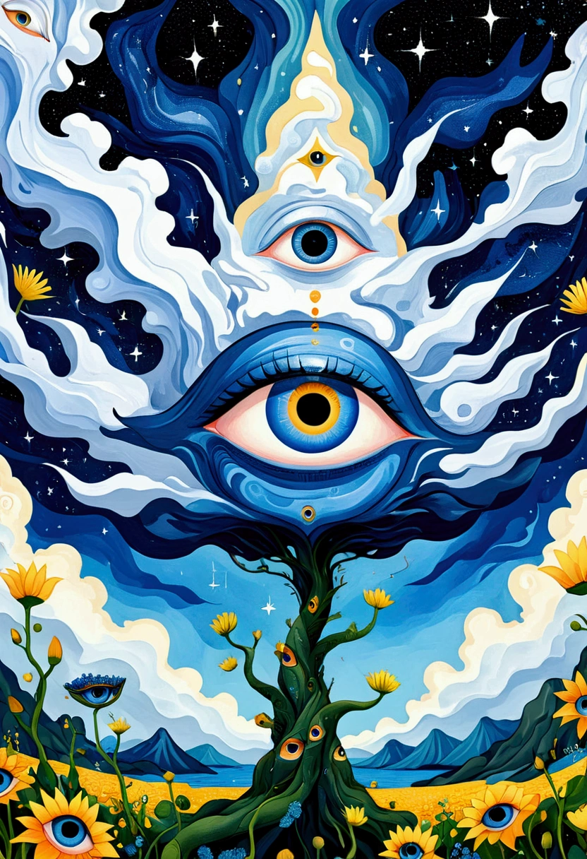 Psychedelic Art。plant、Marine Life、(((Charming eyes，The Third Eye)))、cloud、Starry Sky，Galaxy、Planet、Stitching together an abstract painting，Describing the inner world of autistic people，Sense of space，Blank，White space，Pointillism method，Childish lines，Klein Blue，assimilate into(van gogh)Art style