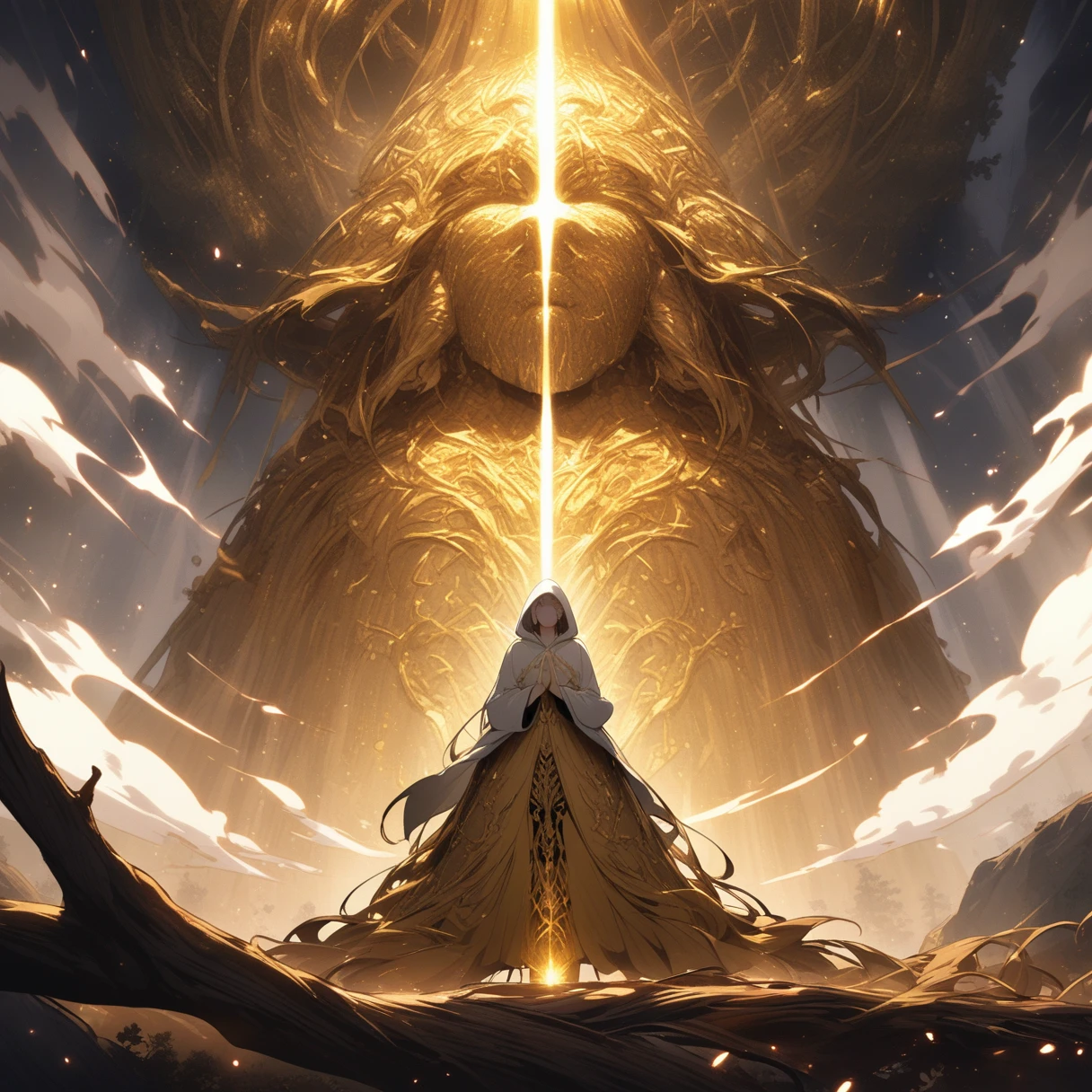 Elden Ring、An intricate golden coat of arms、Dark Space、Golden Giant Tree、A woman in a white hood praying to a giant tree