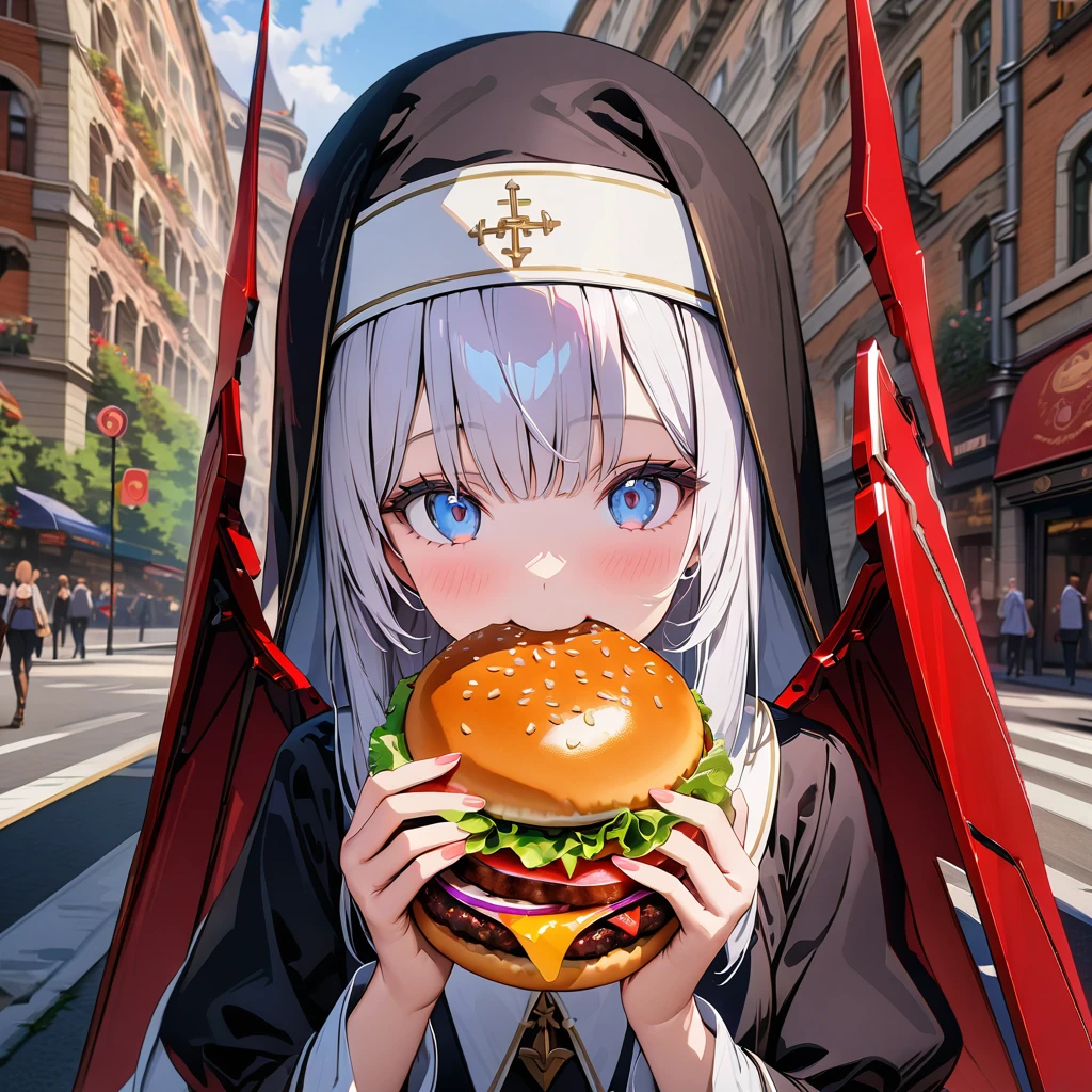 A nun with red mechanical wings eats a burger at a height, detailed background, detailed depiction, 4K, UHD, absurd, ultra high quality, masterpiece,