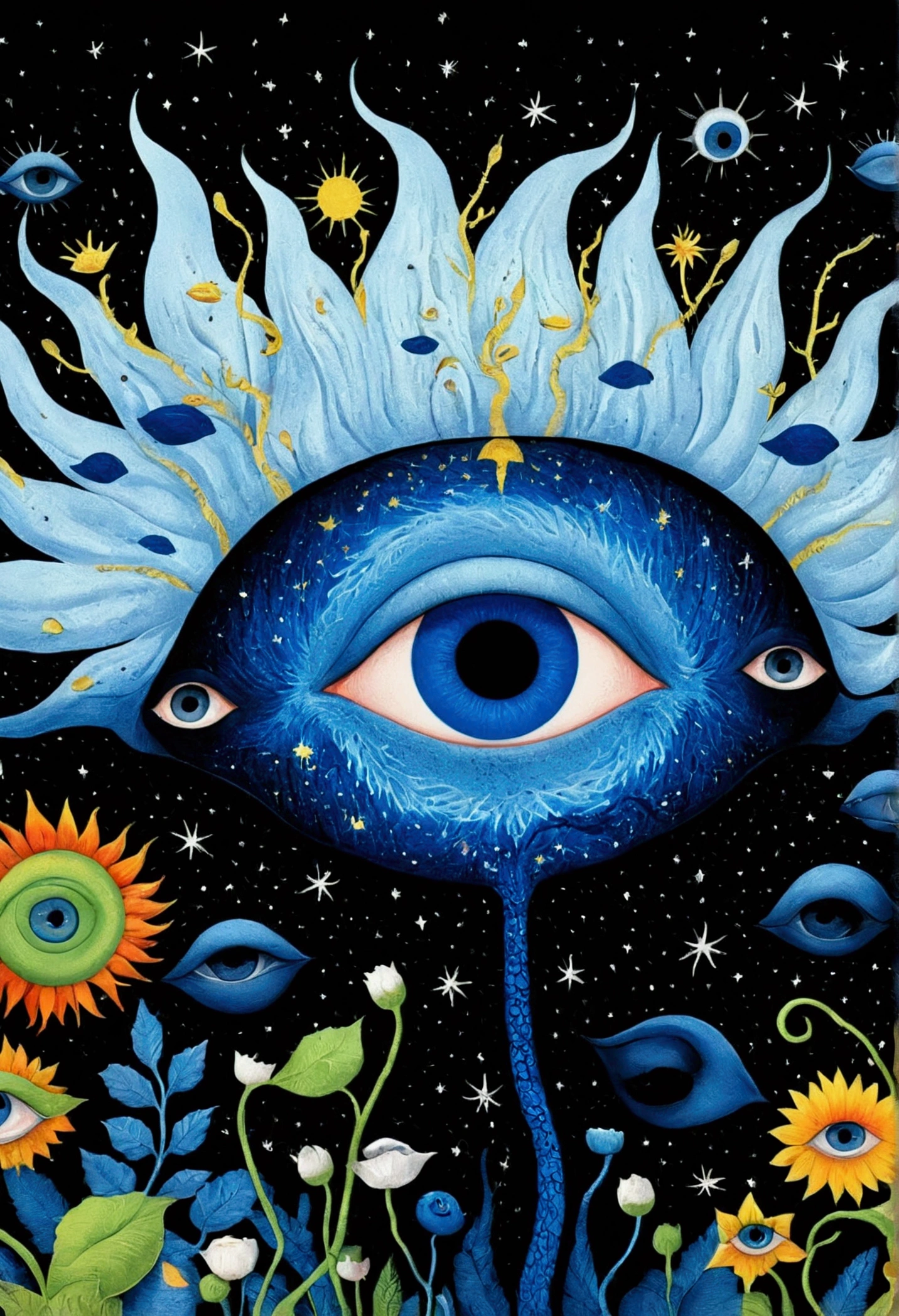 Psychedelic Art。plant、Marine Life、(((Charming eyes,The Third Eye)))、cloud、Starry Sky,galaxy、planet、Stitching together an abstract painting,Describing the inner world of autistic people,Sense of space,blank,White space,Pointillism method,Childish lines,Klein blue,assimilate into(van gogh)Art style,Colorful black