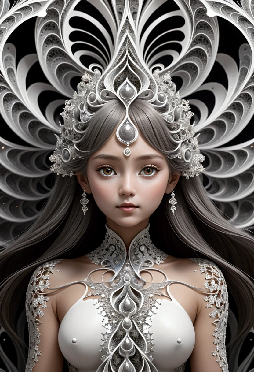 A very cute girl&#39;s body statue，lotus pose，Visual spectroscopy radio wave signals merged with organic fiber structures，Subsonic spectrum，Grey clay clusters，fibonacci fractals，Long flowing straight hair，Bangs：0.33，(Official Art, Beauty and aesthetics: 1.2), (Fractal Art: 1.3), White powder color scheme,
