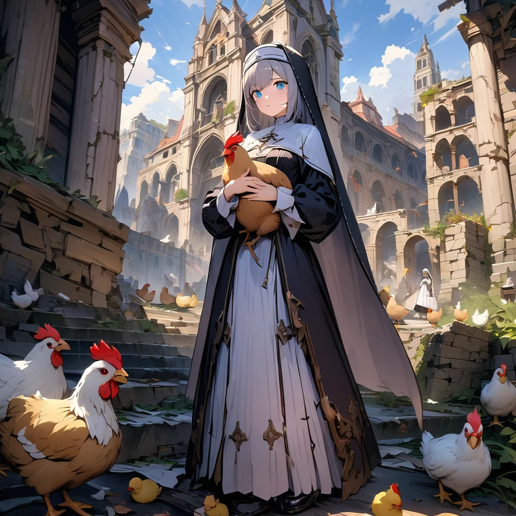 Nun playing with chickens in the ruins, detailed background, detailed depiction, 4K, UHD, absurd, ultra-high quality, masterpiece,