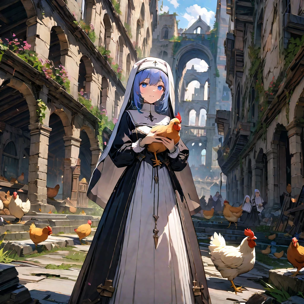 Nun playing with chickens in the ruins, detailed background, detailed depiction, 4K, UHD, absurd, ultra-high quality, masterpiece,