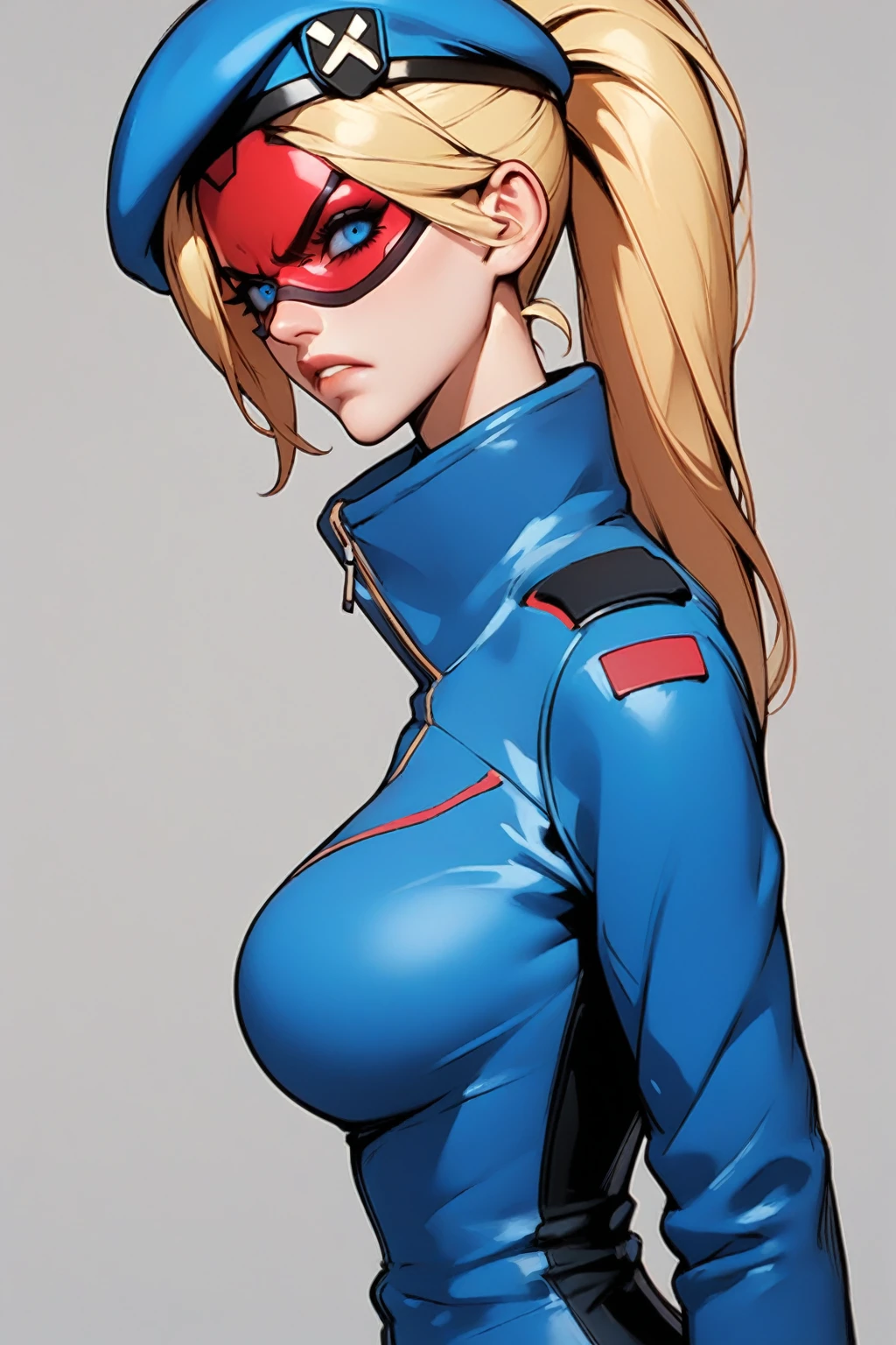 Expressiveh score_9, score_8_up, score_7_up, beautiful aesthetic, very intricate, high quality details, side view, looking at viewer, upper body, face focus, BREAK,
1girl, solo, portrait, femcopblonde hair, ponytail, beret, red goggles, (jacket), angry, BREAK 
small waist, narrow waist, thin, fullbody 