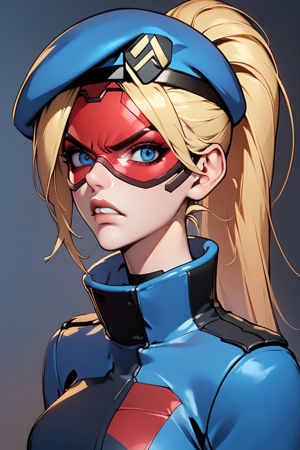 Expressiveh score_9, score_8_up, score_7_up, beautiful aesthetic, very intricate, high quality details, side view, looking at viewer, upper body, face focus, BREAK,
1girl, solo, portrait, femcopblonde hair, ponytail, beret, red goggles, (jacket), angry, BREAK 
small waist, narrow waist, thin, fullbody 