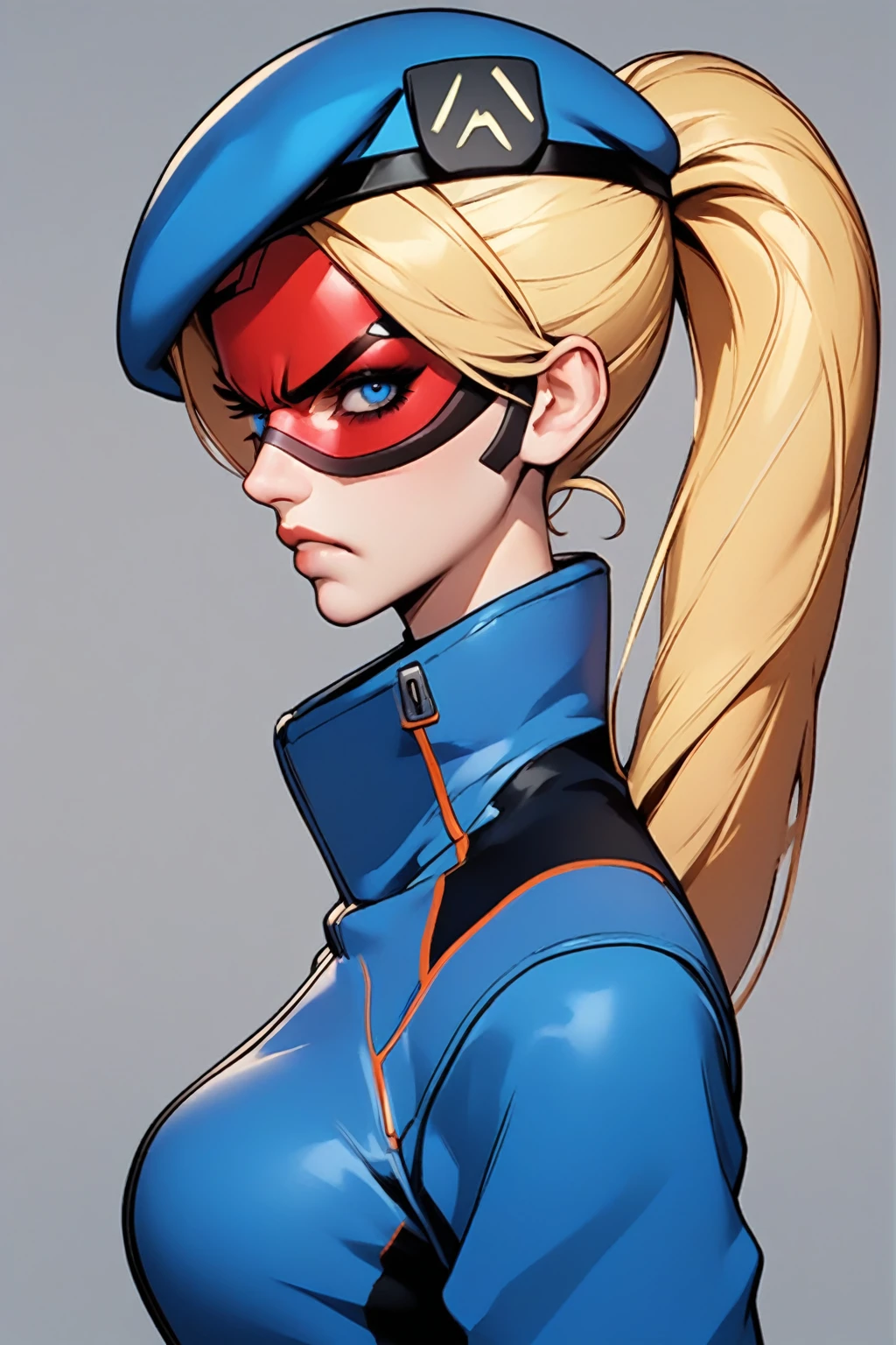 Expressiveh score_9, score_8_up, score_7_up, beautiful aesthetic, very intricate, high quality details, side view, looking at viewer, upper body, face focus, BREAK,
1girl, solo, portrait, femcopblonde hair, ponytail, beret, red goggles, (jacket), angry, BREAK 
small waist, narrow waist, thin, fullbody 