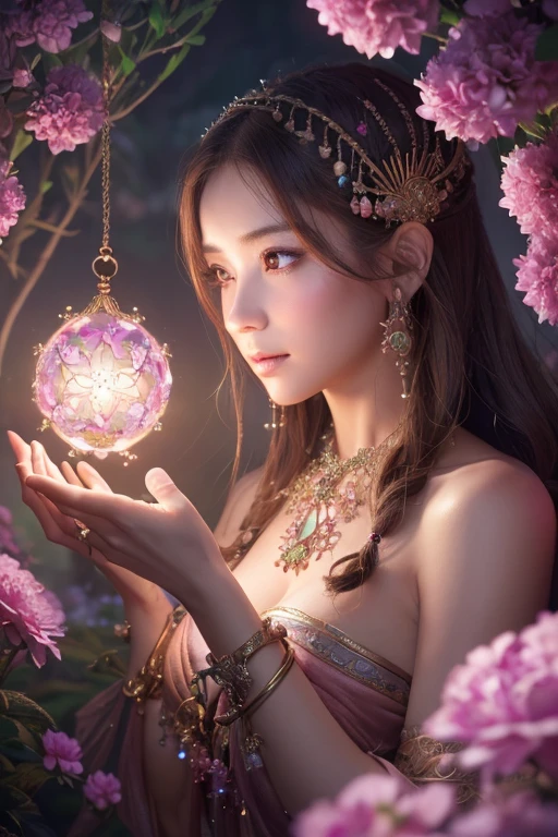 ((Masterpiece,Ultra-high resolution, high resolution, 8k, Fractal Art,Octane, Fantastic,Aesthetic,Intricate details)) From fantasy,Beautiful dusky pink flower goddess fortune teller,Mysterious presence,Emitting a mystical aura,Gemstone Garden