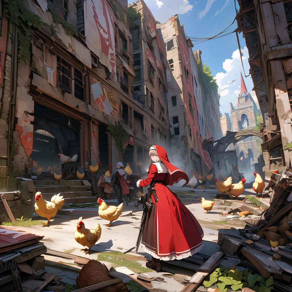 Red nun with mechanical wings playing with chickens in the ruins, detailed background, detailed depiction, 4K, UHD, absurd, ultra-high quality, masterpiece,