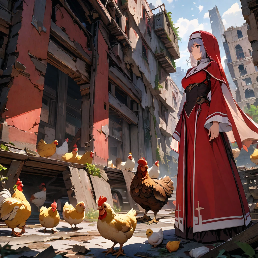Red nun with mechanical wings playing with chickens in the ruins, detailed background, detailed depiction, 4K, UHD, absurd, ultra-high quality, masterpiece,