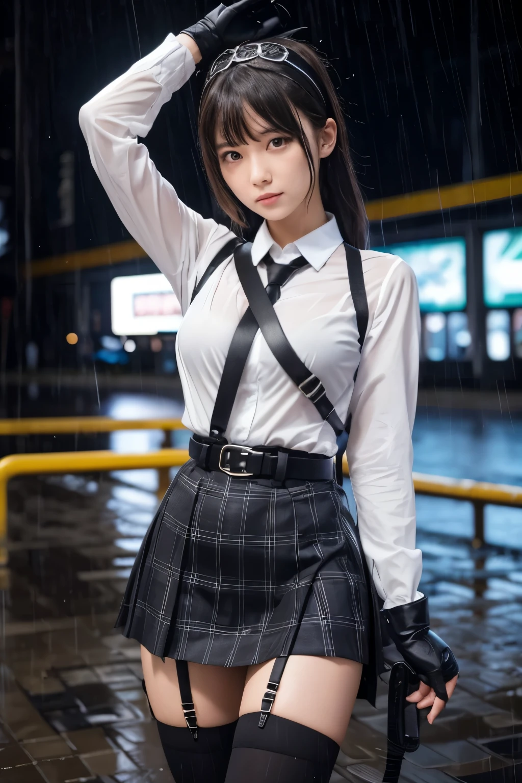 1 female, , high quality, masterpiece, Ultra-high resolution, , Cinema Lighting, , , 1 female, , high quality, masterpiece, Ultra-high resolution, , Cinema Lighting, , , And the suspenders with the cranes flying　　　Moderate breasts　 　 　　　　Large Breasts　 　 　　　　Small face　 　　　holster　　　　　　　 Lying in bed　Looking up　　　　Sweat 　　　belt　summer　脇Sweat 　Black Hole Gloves　suit　　　　 　garterbelt　Leg Links　ズボンにbelt　　holster　 　　Hands behind your back　 Anxious expression　Looking up　Anxious face　Knee-high　Knee socks　Knee-highソックス garterbelt　garter　ふとももにgarterbelt　Checkered mini skirt　Necktie Headband　ribbon　Panty shot　スカートの隙間 Armament　Handgun　handcuffs　Cable ties　レッグholster　holster 　　Hands behind your back　 Anxious expression　Looking up　Anxious face 足を横に開く　Armament　　Cable ties　レッグholster　holster　See-through clothing　heavy rain　Getting wet in the rain