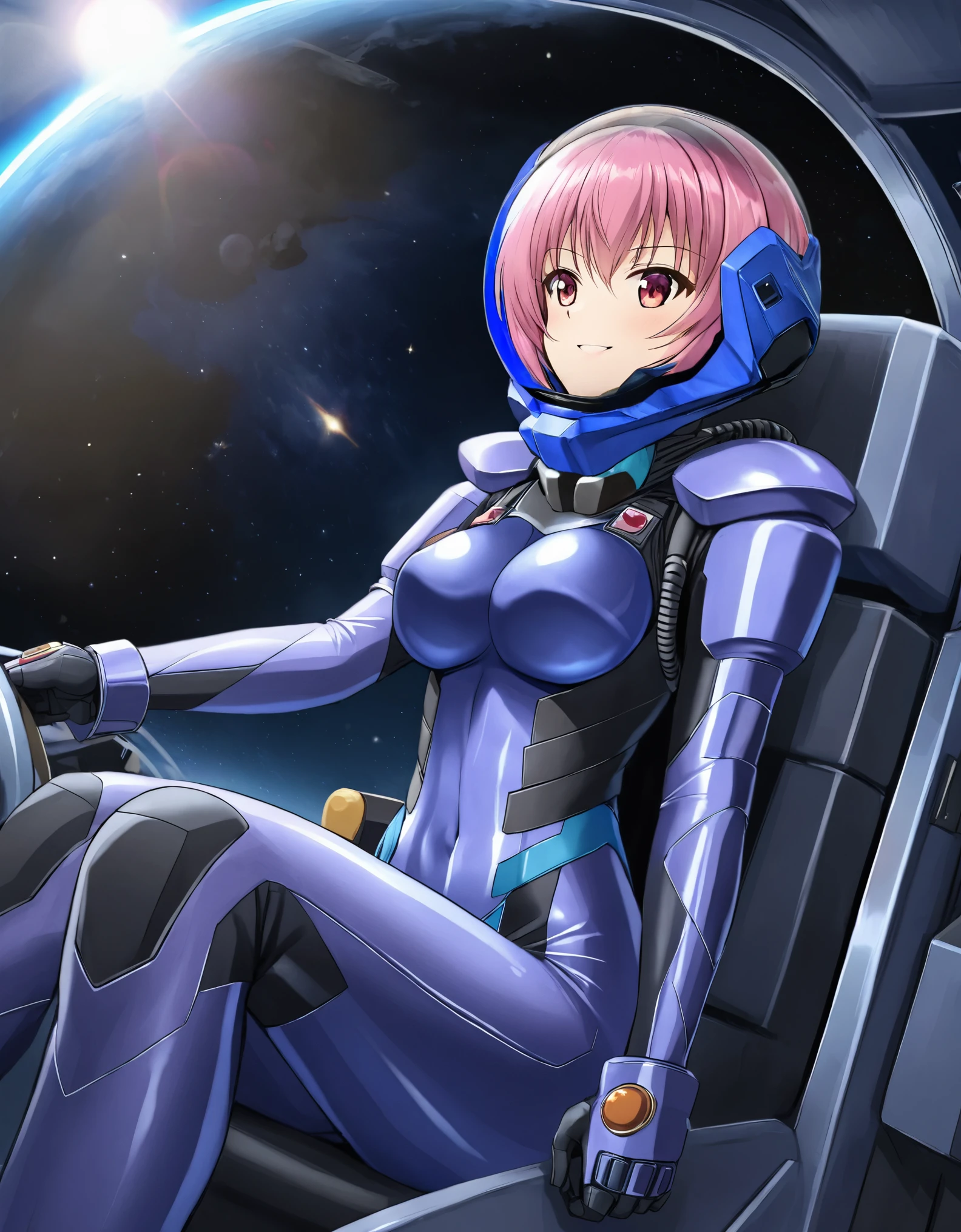 ((Female pilot in the cockpit of a reconnaissance plane), (airplane cockpit), (in flight), (10000 feet altitude)、(sky view):1.7),, short hair, street, emo, PINK hair, white eyes, eyeliner, apocalypse, girl, nside the (cockpit:1.9) of a (futuristic spaceship:1.6), , blush,sitting on a chair, covered navel, space helmet, muvluv, space helm, plug suit , space helmet, eva helm, space suit, short hair, from side, SMILE, GLASSES, FULL BODY