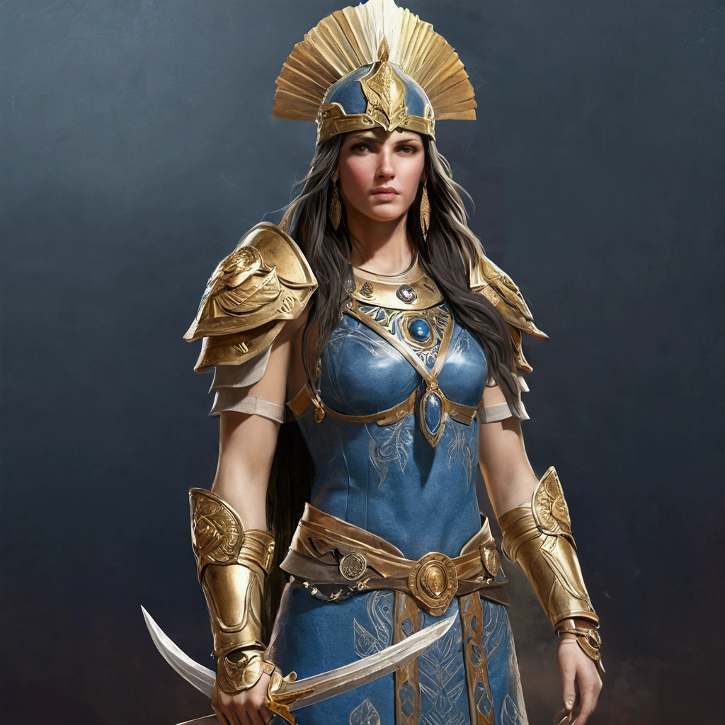 Create a sacred image of Myrmidia, the goddess of war and strategy from the Warhammer Fantasy world. She is to be portrayed as a young woman in the prime of her life, proud and self-confident. She wears the traditional armor of the classical Remas, consisting of a magnificent bronze breastplate and a decorated helmet with plume. In her right hand she holds a long spear, and in her left hand she carries a shield, which is decorated with an eagle – symbol of their keen observation and broad vision in battle.
At Myrmidia's feet there is said to be a stylized lion's head with an impressive mane, which symbolizes their ability, to defeat even the strongest opponent. The lion's head should have similar features to her sun symbol, which is often depicted with a smiling female face.
Behind her, the sky is said to be in gentle, displayed in bright colors, to symbolize their connection to the lunar calendar, which she introduced at the time of the union of Tilea and Estalia.
Some crows can also be seen in the area around the picture, which represent their connection to the prophecy and wise counsel of their fathers. These birds could be positioned on a banner or near the image.
The picture should show Myrmidia in her three archetypal aspects: als „Ideal Captain“, „Mistress of the Battlefield“ und „Resolute Warrior“. Your attitude should be calm and honorable, and their eyes should reflect wisdom and determination.