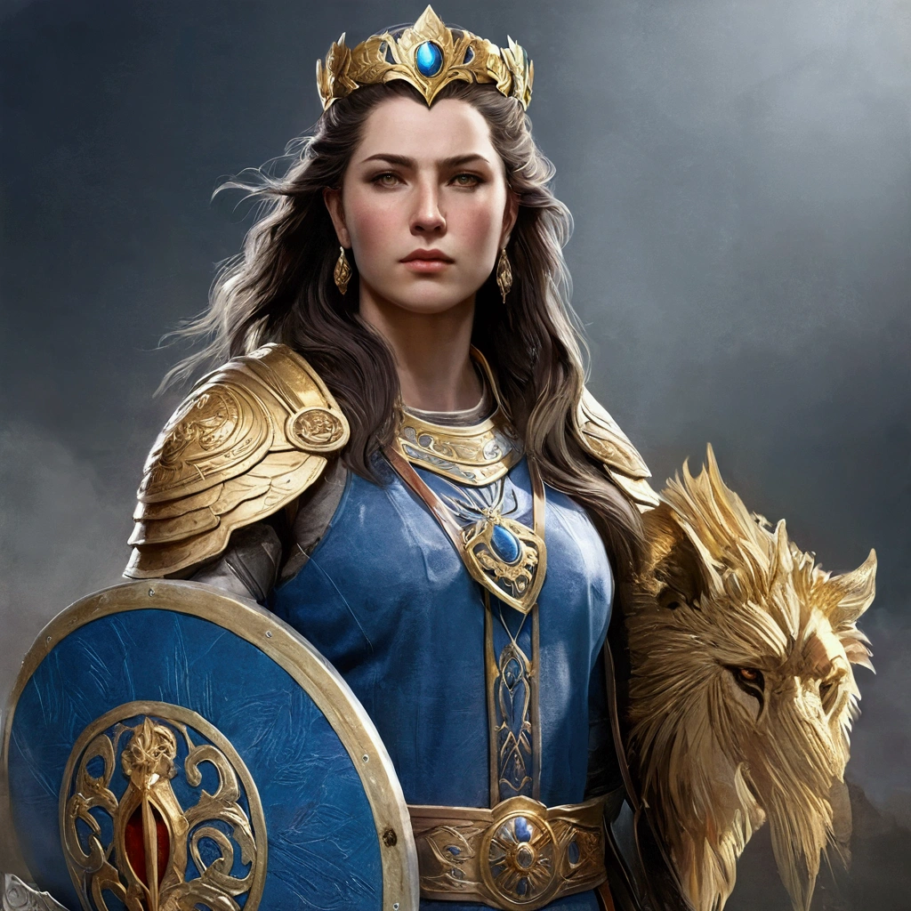 Create a sacred image of Myrmidia, the goddess of war and strategy from the Warhammer Fantasy world. She is to be portrayed as a young woman in the prime of her life, proud and self-confident. She wears the traditional armor of the classical Remas, consisting of a magnificent bronze breastplate and a decorated helmet with plume. In her right hand she holds a long spear, and in her left hand she carries a shield, which is decorated with an eagle – symbol of their keen observation and broad vision in battle.

At Myrmidia&#39;s feet there is said to be a stylized lion&#39;s head with an impressive mane, which symbolizes their ability, to defeat even the strongest opponent. The lion&#39;s head should have similar features to her sun symbol, which is often depicted with a smiling female face.

Behind her, the sky is said to be in gentle, displayed in bright colors, to symbolize their connection to the lunar calendar, which she introduced at the time of the union of Tilea and Estalia.

Some crows can also be seen in the area around the picture, which represent their connection to the prophecy and wise counsel of their fathers. These birds could be positioned on a banner or near the image.

The picture should show Myrmidia in her three archetypal aspects: als „Ideal Captain“, „Mistress of the Battlefield“ und „Resolute Warrior“. Your attitude should be calm and honorable, and their eyes should reflect wisdom and determination.