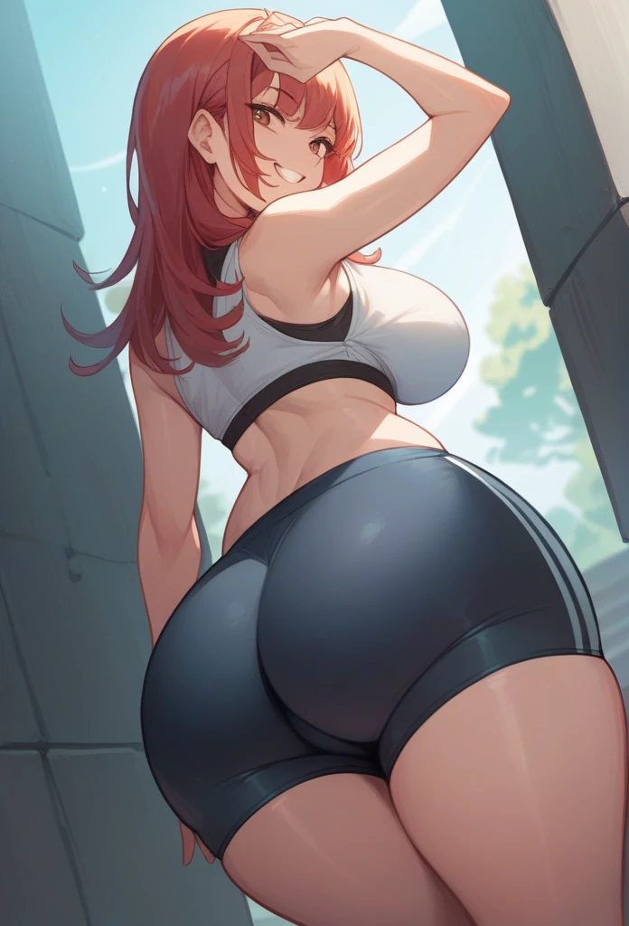 One Girl, High resolution, masterpiece, Accurate, Highest quality, bangs, Large Breasts, smile,positive, Cowboy Shot, shape,
Bike Shorts,behind angle view,BIG ASS,nice shaped butt,huge round butt