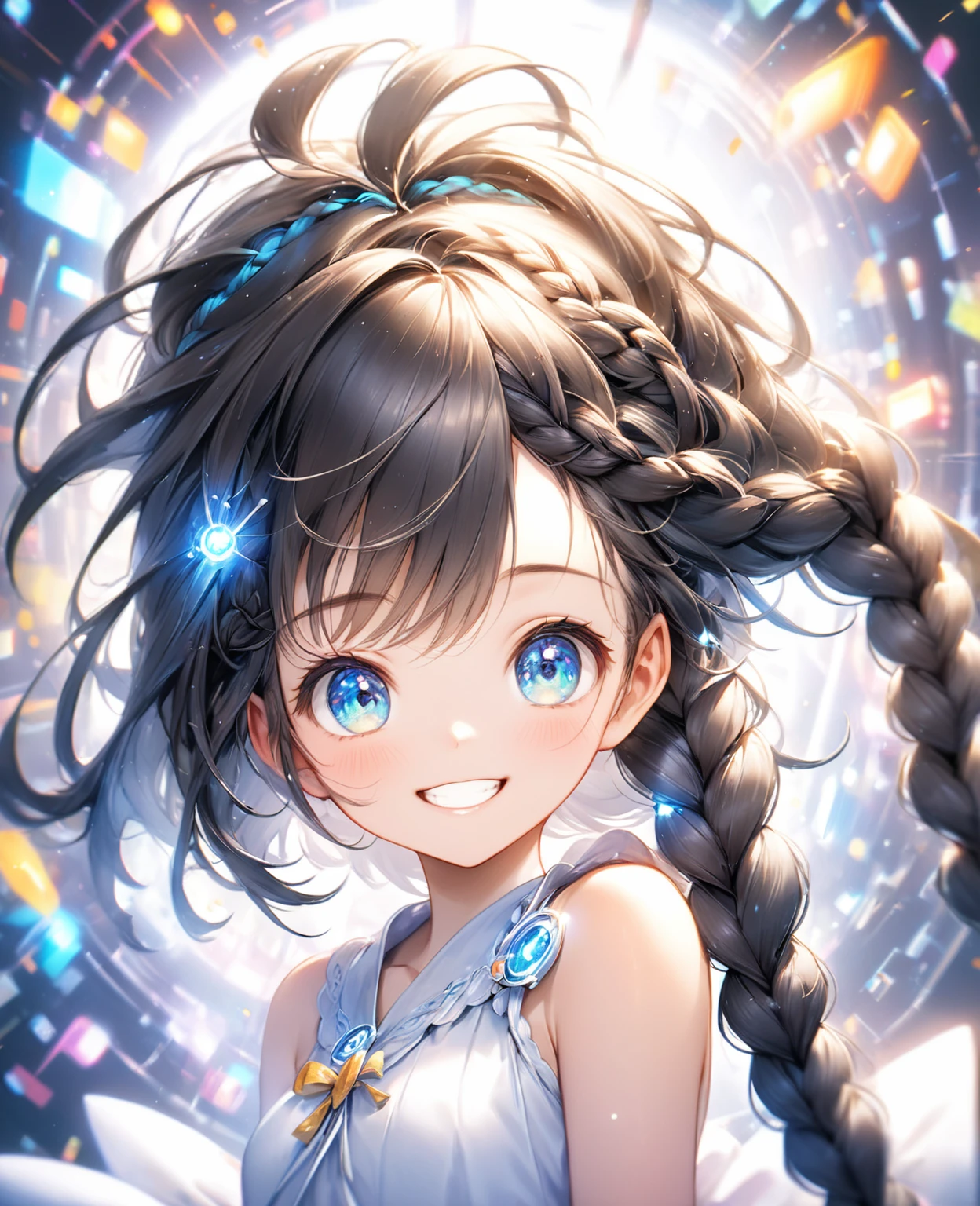 (Highest quality,8k,32K,masterpiece,Ultra-high resolution :1.2 ),born,One girl,Super cute,Natural light,Clear, shining eyes,20-year-old,Fair skin,An innocent smile,Electronic world fantasy background,Grin,Black hair,Long Hair,Braiding,Braid