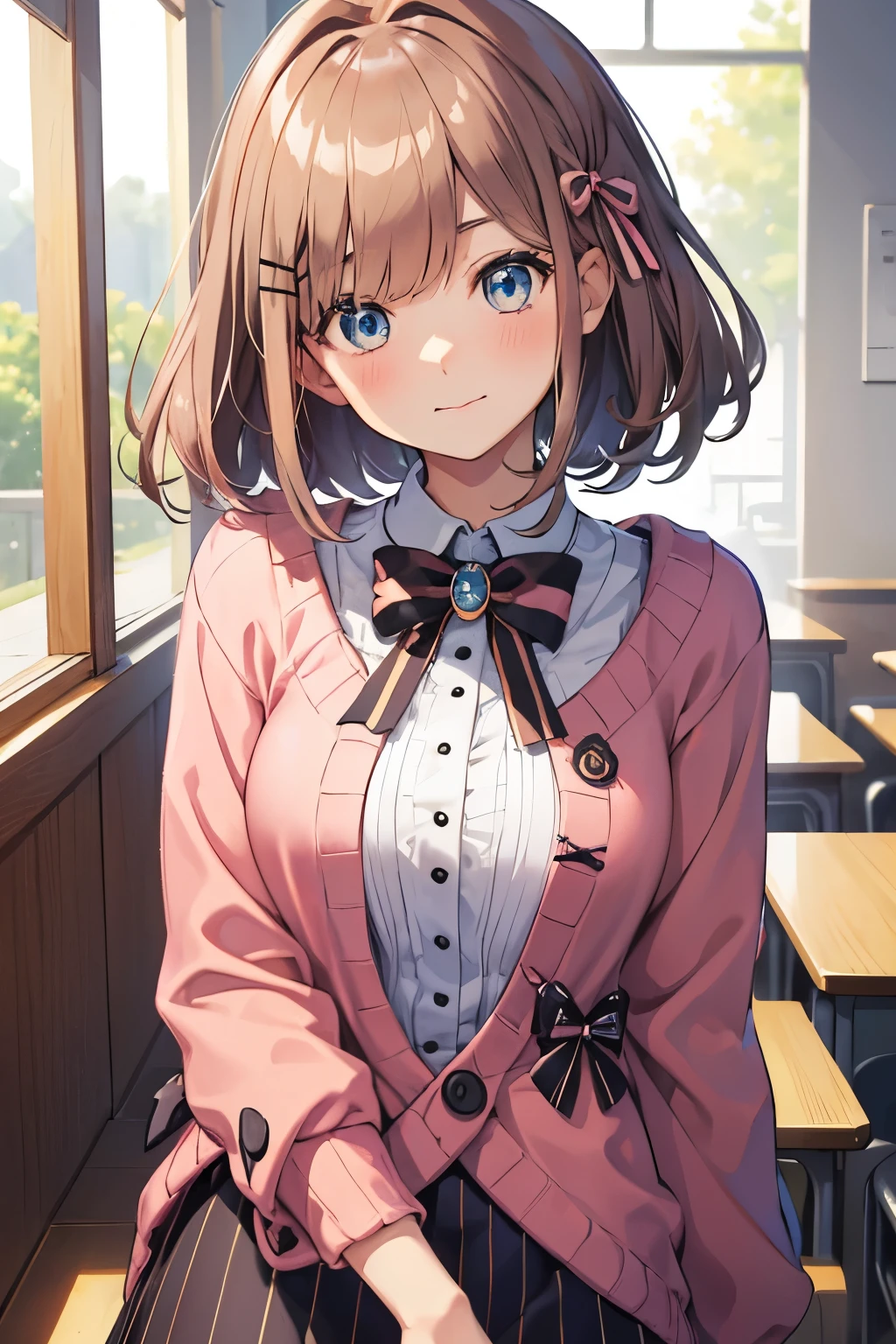 8k, raw photo, masterpiece, extremely detailed, best quality, professional lighting, high res, beautiful girl, only 1 girl, (tall height), 21 years old, BREAK (lulu suzuhara), blue eyes, brown hair, short cut hair, hair ornament, hair over one eye, x-shaped hair clip, hair ribbon, bow tie, pink sweater jacket, black and pink stripes skirt with a bow, long skirt, (wavy mouth:1.3), BREAK (thin eyebrows, narrow eyebrows, downturned eyebrows), kindness smile, (humble girl, timid girl, modest girl, humility), (no lips), BREAK university, lecture hall