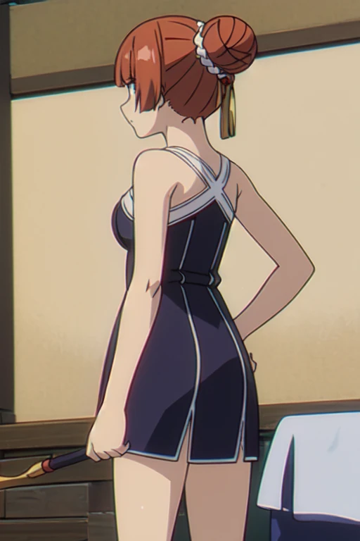(((Best quality))),((Ultra-detailed)),((illustration)),((Disheveled hair)),((frilld)),(1 girl),(Solo), 1girl, alternate costume, bare arms, bare shoulders, black dress, black skirt, braided bun, broom, brown hair, double bun, dress, facing away, hair bun, hair ornament, hair up, hand on hip, holding, holding broom, holding staff, mop, red hair, sleeveless, sleeveless dress, solo, staff, standing, on back, cowboy shot, from behind