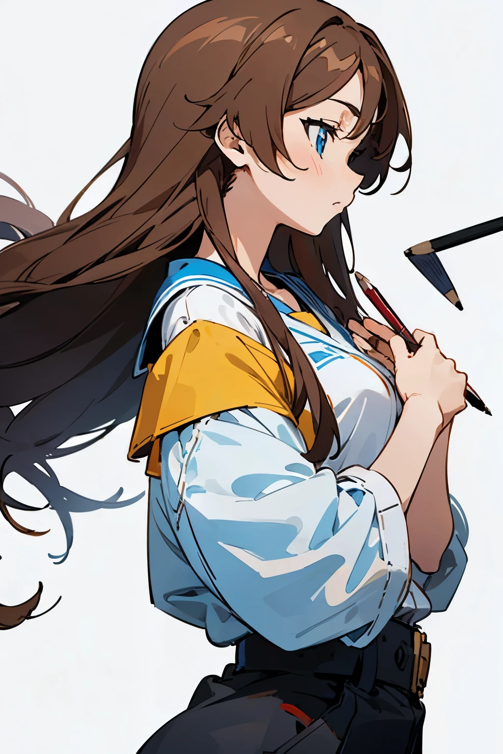 ((anime style)), (girl 20 years old), (Brown hair), ((shoulder length hair)), (Blue eyes), (half-side view), (waist type), (notepad and pencil in hand), (White background), (HD quality)