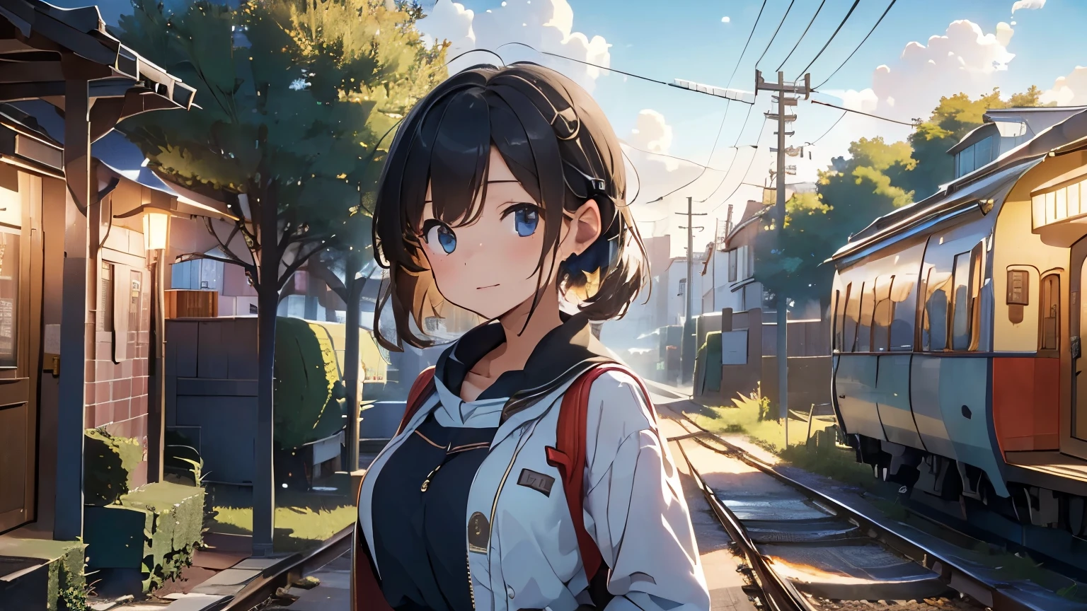 (Top quality, masterpiece),(One girl, headphones, standing on station platform, full body, uniform, facing away), (Summer sky, empty platform, cumulonimbus cloud, countryside, blue sky, street lamp),(Lo-fi art style)