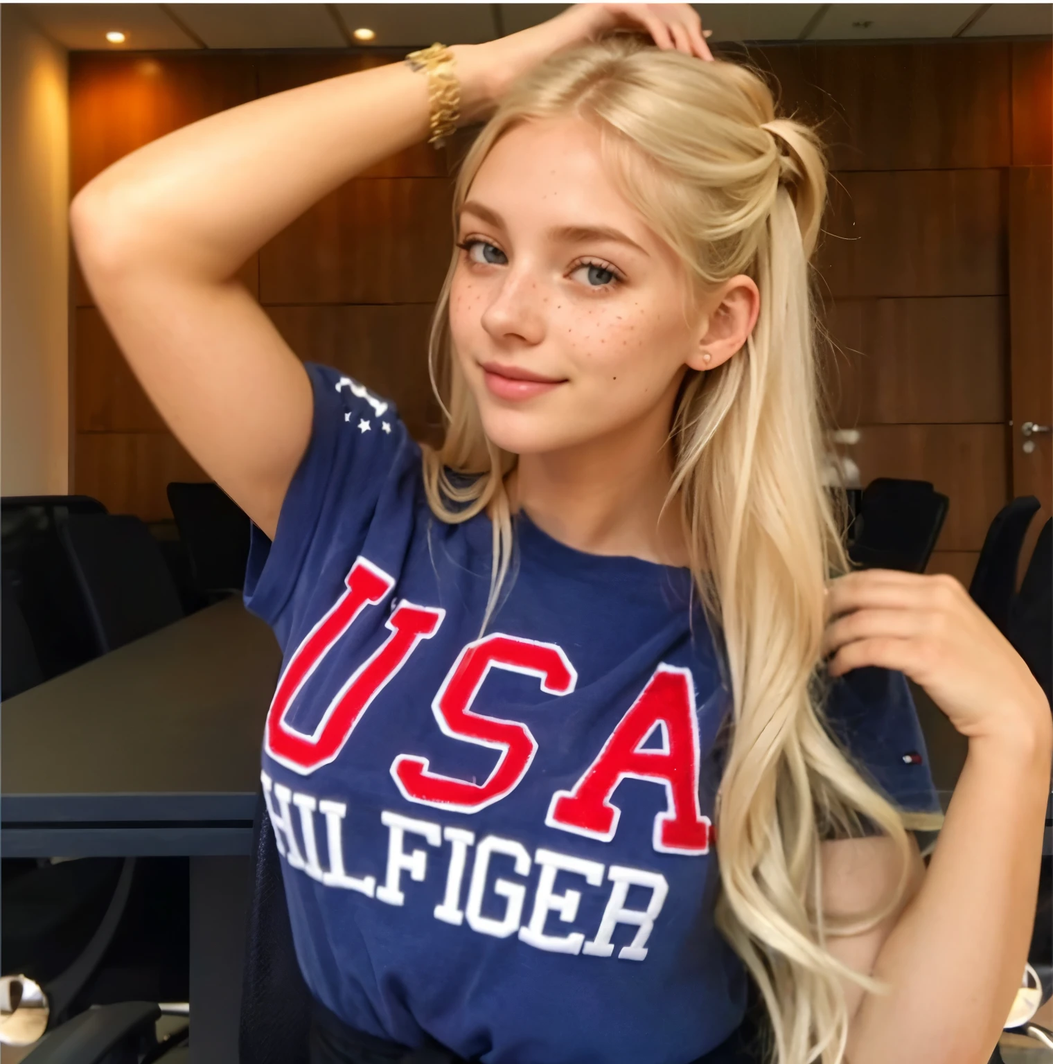 Woman, americana, age 25, pale skin and freckles, grey-eyed, delicate nose, soft and delicate lips, distant, cabelo blondie distant e ondulado na altura da cintura, Sweet smile, face with delicate feminine facial features, highly rendered