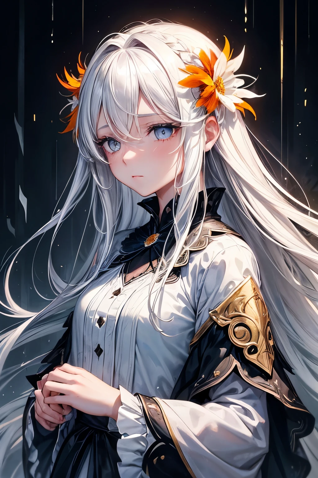 1 girl,alone,1 girl,alone,((Beautiful and delicate eyes)), (detail light),Depth of Field,(white hair),silver eyes,hair covering one eye,(safflower ), hair flower,long hair,Black cape,wet,emotionless,Look back,night,Starfall,rain,FOG,safflowers falling,sketch,Upper Body,strong shadow,