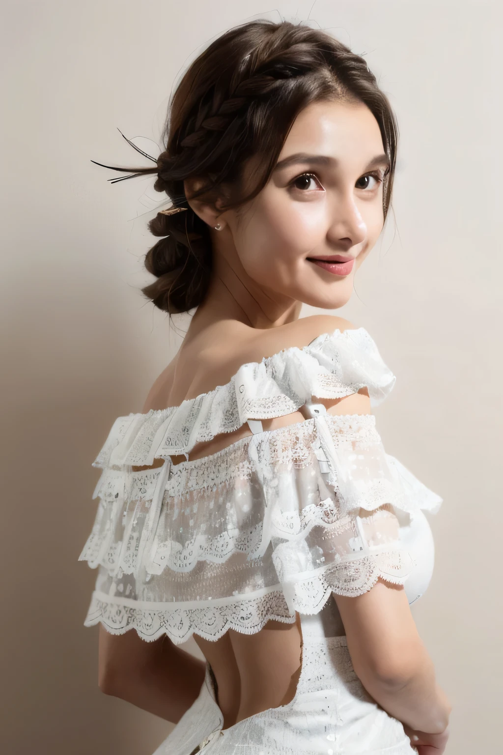 ((Highest quality, 8k, masterpiece: 1.3)), sharp: 1.2, Perfect Body Beauty: 1.6, ((Layered Hairstyles, Big Breasts: 2.0)), (white and long legs: 2.0), (white lace dress: 2.0, Off-the-shoulder dress: 2.0, A dress that exposes the breasts: 2.0), ((long hair: 2.0)), ((necklace)), Earrings, ring, Bracelet, Hair Accessories, ((Beautiful young teenager woman)), ((Straight nose)), (Eyeliner), Armpit Hair, Bristles, ((White and beautiful skin)), Wavy Hair, Beautiful attention to detail, Super detailed, Highly detailed face and skin texture, fine grain, double eyelid, Black Hair, Big Ass, Lower Body, Thighs, (((Skinny))), Wet and shiny lips, smile, Get a grip on your body, ((Anatomically correct human body)), ((Crisp body shape)), Ribs, clavicle, Protruding skeleton, A face without nasolabial folds, Shyness, Thin eyebrows, Big eyes, (shoot from side: 1.0), (Narrow shoulders: 2.0), (Smile: 1.0)