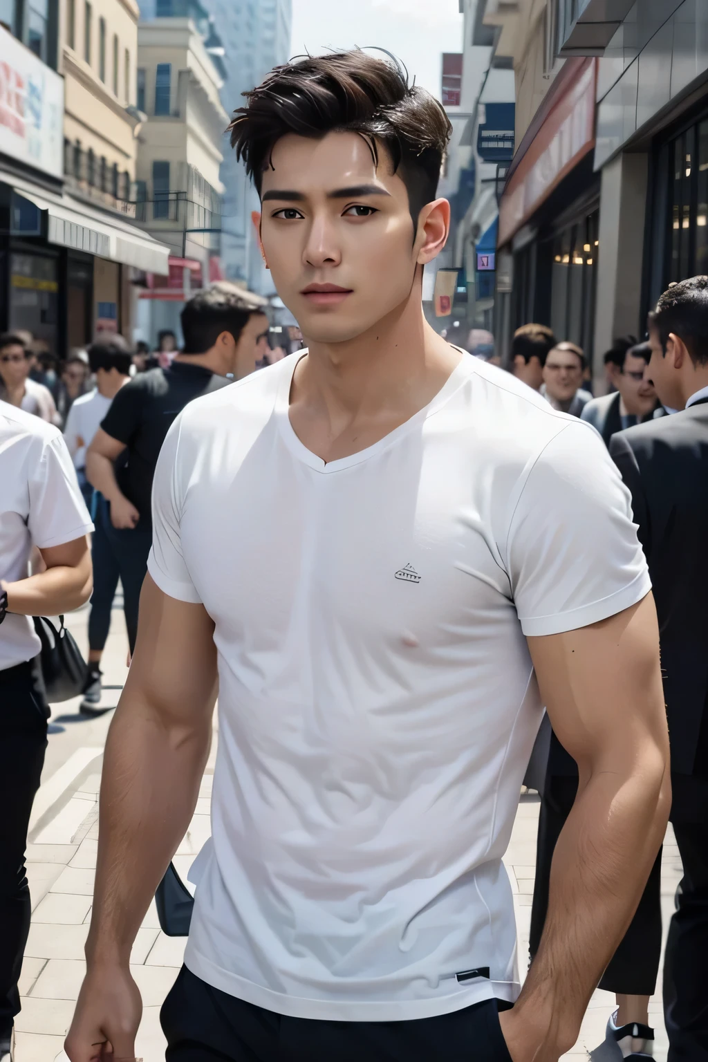a very handsome man as if he came out of a men's shower gel advertisement, (wondering), shirt, active, on the street, crowded