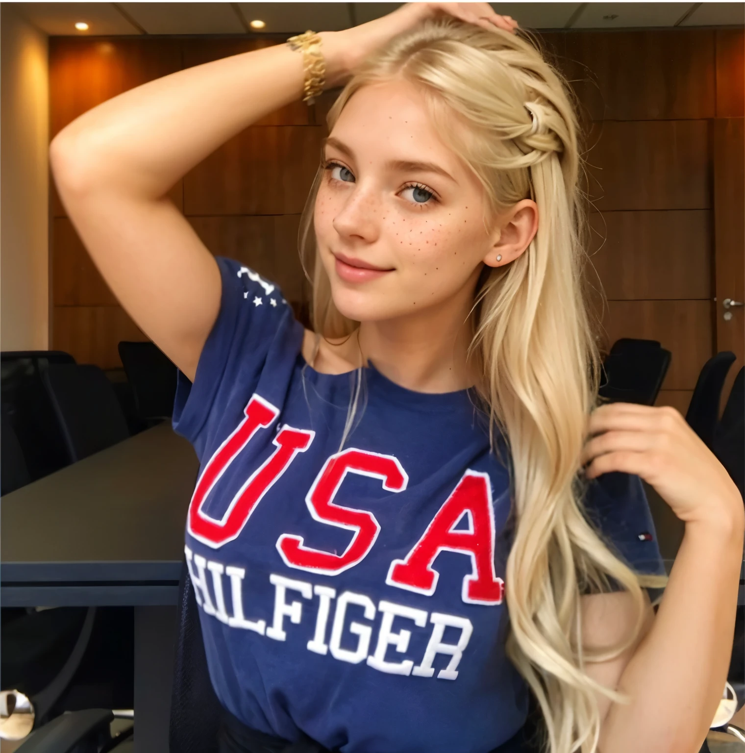 Woman, americana, age 25, pale skin and freckles, grey-eyed, delicate nose, soft and delicate lips, distant, cabelo blondie distant e ondulado na altura da cintura, Sweet smile, face with delicate feminine facial features, highly rendered
