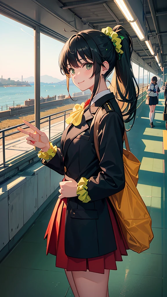 ((Highest quality)),((masterpiece)),A high school girl with a ponytail in uniform waiting for a train at a station with a sea view,((Light green scrunchie:1.1)),Black blazer,Red Skirt,Black Hair,black eye,evening,Smiling at the audience
