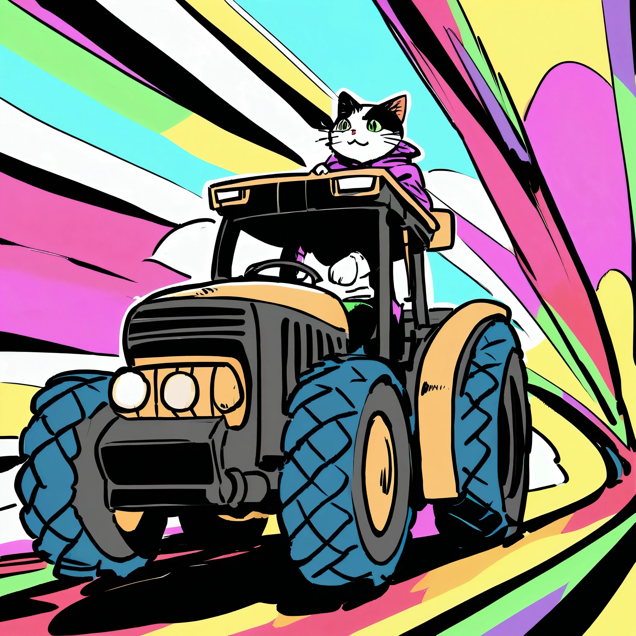 An adventurer cat is driving a tractor