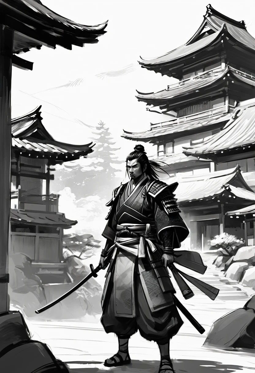 concept-арт самурая, in midcore style for MMORPG, sketch, concept, Samurai, Japanese Setting, semi-realism, sketch, чёрно-белый sketch