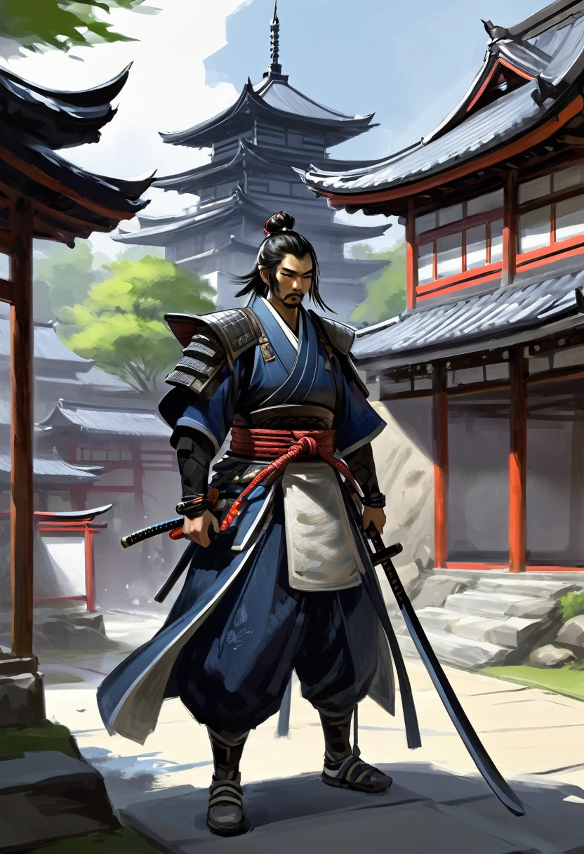 concept-арт самурая, in midcore style for MMORPG, sketch, concept, Samurai, Japanese Setting, semi-realism, sketch, чёрно-белый sketch
