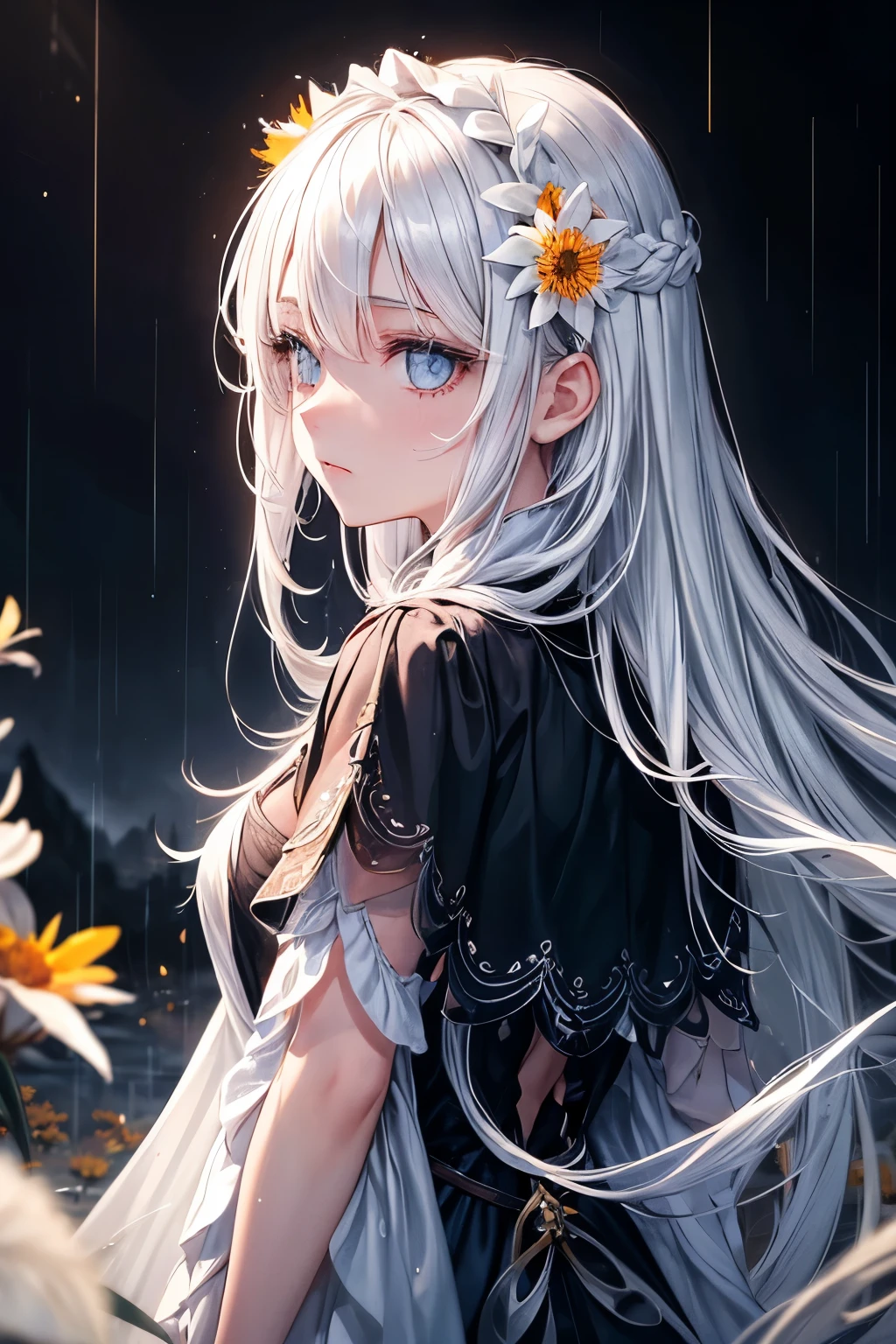 1 girl,alone,1 girl,alone,((Beautiful and delicate eyes)), (detail light),Depth of Field,(white hair),silver eyes,hair covering one eye,(safflower ), hair flower,long hair,Black cape,wet,emotionless,Look back,night,Starfall,rain,FOG,safflowers falling,sketch,Upper Body,strong shadow,