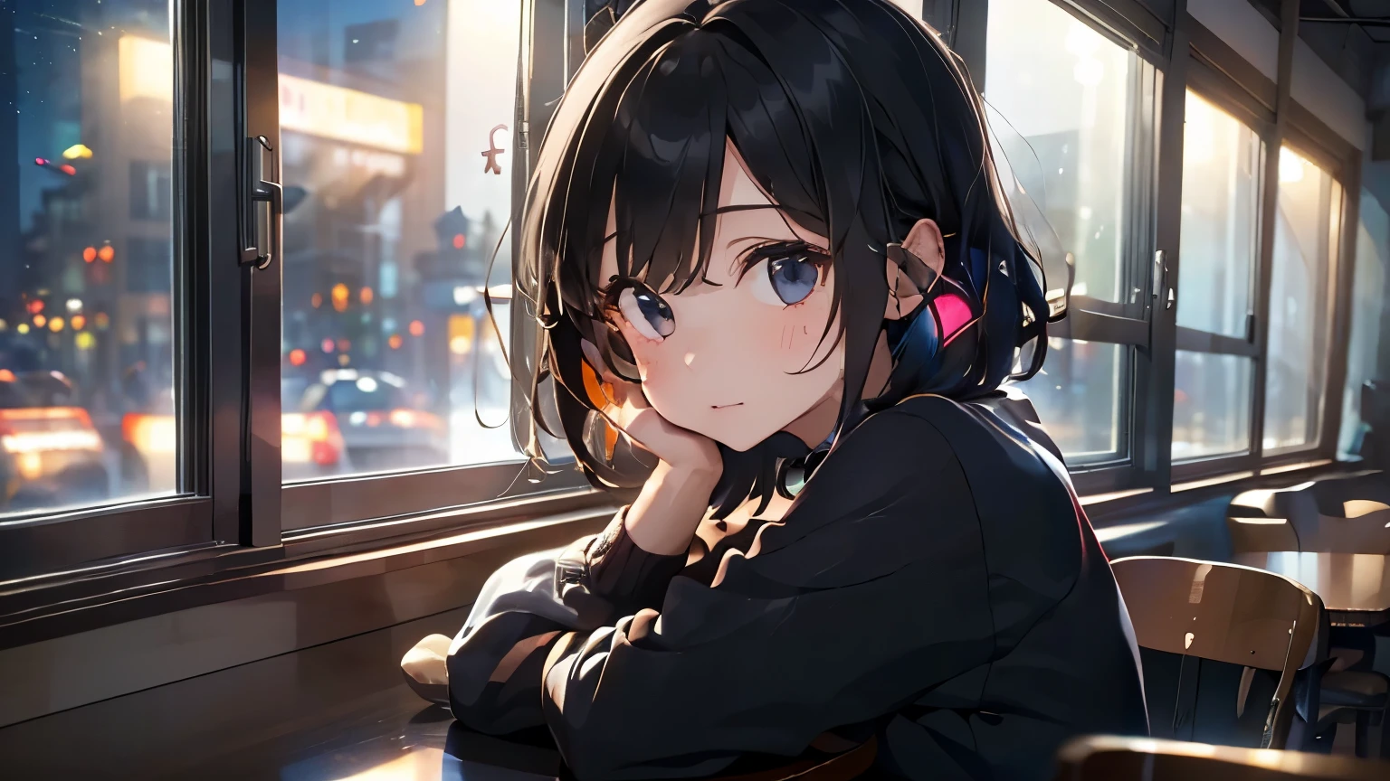 (Top quality, masterpiece),(Girl living alone, headphones, facial expression, black eyes, looking ahead, black hair, sitting at desk, full body), (Coffee, neon lights, late night, beautiful starry sky beyond the window, large room, dark, meteor cloud),(Lo-fi art style)