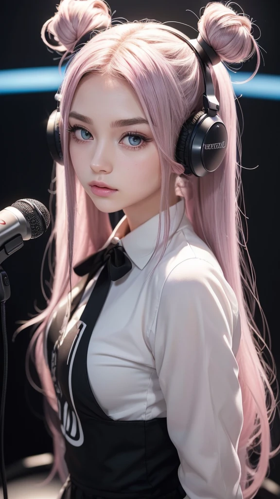 (A photo of a beautiful girl in fashionable casual clothes singing into a microphone with headphones on in a recording studio was posted on social media.) (The beautiful girl is 17 years old, 18% Japanese, 26% French, and 56% Ukrainian, 178 cm tall, small bust but good style, with a beautiful, well-balanced figure.) (Her hair is pink ash gray and super long, tied in twin tails with black ribbons and curled in a spiral toward the end.) (Her eyebrows are the same color as her hair, thin, slightly thick and short, and her eyelashes are long.) (Her large blue eyes reflect the light of the lighting and are amazingly beautiful like pearls.) (Her nose is high like an English person, her lips are plump and shaped so that you want to kiss them, her skin is translucent white, and the balance between her head and face is in line with traditional Japanese aesthetics.) Her hands must have five fingers. Moreover, even her nails are very delicately depicted. (Single, Masterpiece, Ultra Detailed, Highest Quality, Artistic Composition, Ultra Precision, Realistic, Photorealistic, High Resolution, Dynamic Lighting Effects, Golden Ratio, Surreal). Try your best to meet all these criteria.