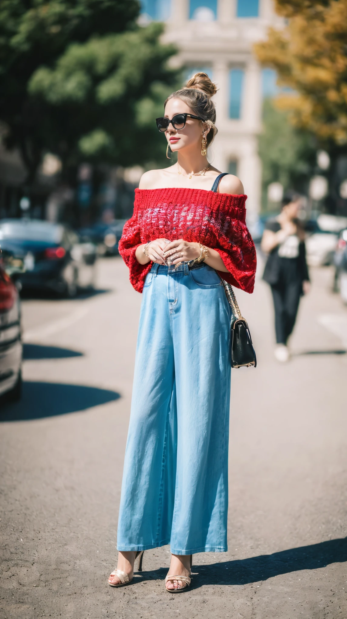 ((Highest quality, 8k, masterpiece:1.3、real:1.3))、Beautiful woman、snapshot:1.5、full body、sunglasses、fashion、Off the shoulder、Flared pants、real、In town、Background Blur